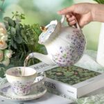 KAMMAK Teapot with Handle, Vintage Porcelain Tea Pot with Gold Trim, Blooming & Loose Leaf Teapot, Festive Holiday Serveware, Gifts for Women, Lilac - 27 oz