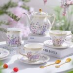 KAMMAK Teapot with Handle, Vintage Porcelain Tea Pot with Gold Trim, Blooming & Loose Leaf Teapot, Festive Holiday Serveware, Gifts for Women, Lilac - 27 oz