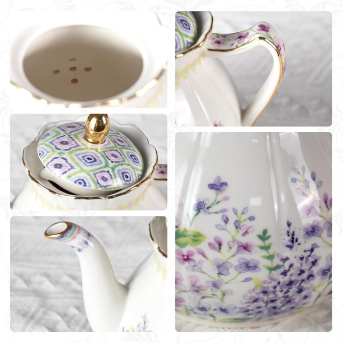 KAMMAK Teapot with Handle, Vintage Porcelain Tea Pot with Gold Trim, Blooming & Loose Leaf Teapot, Festive Holiday Serveware, Gifts for Women, Lilac - 27 oz