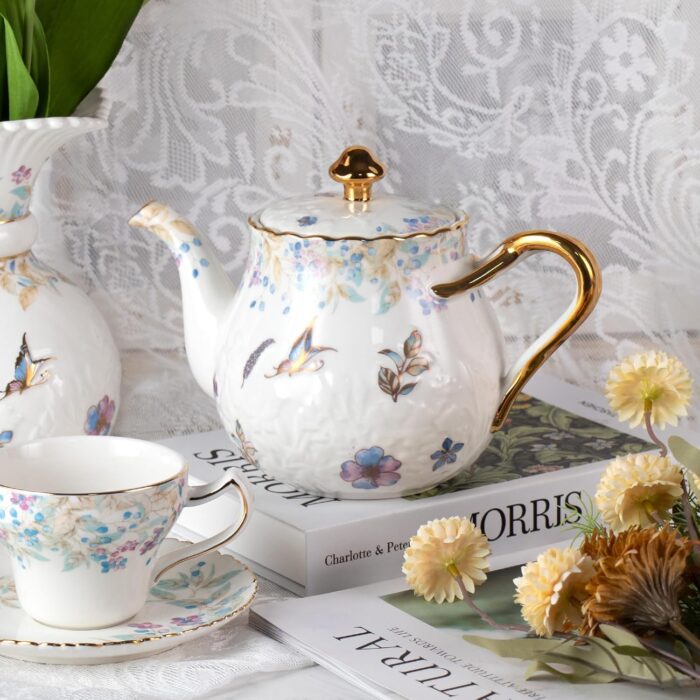 KAMMAK Teapot with Handle, Vintage Porcelain Tea Pot with Gold Trim, Blooming & Loose Leaf Teapot, Festive Holiday Serveware, Gifts for Women, Colorful - 37 oz