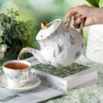 KAMMAK Teapot with Handle, Vintage Porcelain Tea Pot with Gold Trim, Blooming & Loose Leaf Teapot, Festive Holiday Serveware, Gifts for Women, Colorful - 37 oz