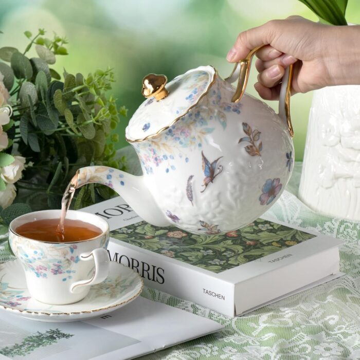KAMMAK Teapot with Handle, Vintage Porcelain Tea Pot with Gold Trim, Blooming & Loose Leaf Teapot, Festive Holiday Serveware, Gifts for Women, Colorful - 37 oz
