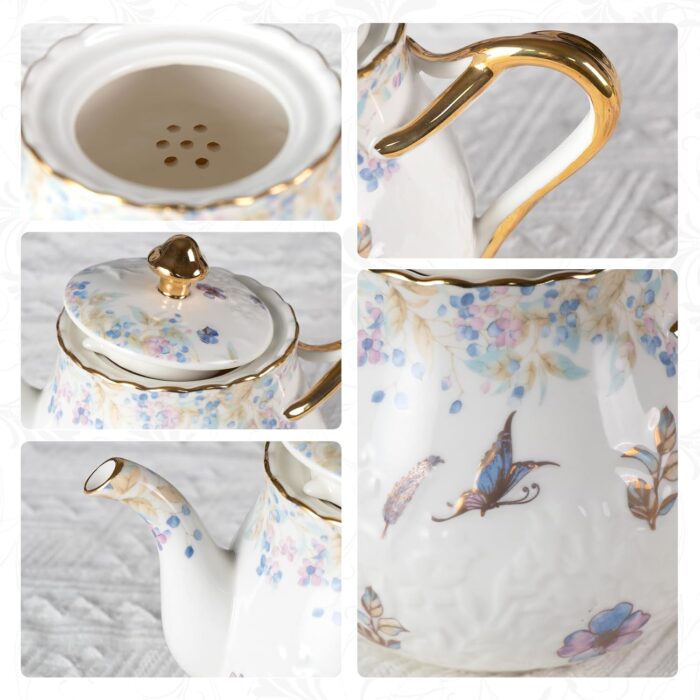 KAMMAK Teapot with Handle, Vintage Porcelain Tea Pot with Gold Trim, Blooming & Loose Leaf Teapot, Festive Holiday Serveware, Gifts for Women, Colorful - 37 oz