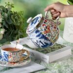 KAMMAK Teapot with Handle, Vintage Porcelain Tea Pot with Gold Trim, Blooming & Loose Leaf Teapot, Festive Holiday Serveware, Gifts for Women, Doucai - 32 oz