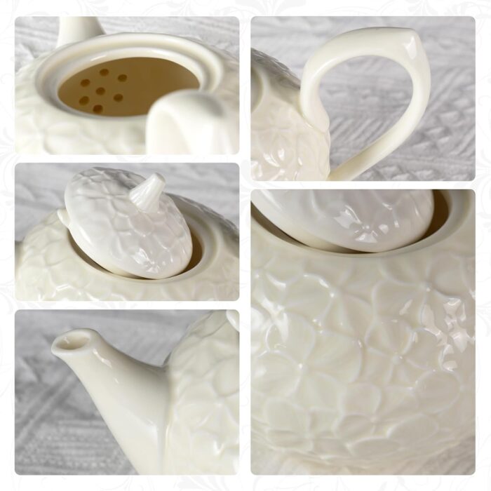 KAMMAK Teapot with Handle, Vintage Porcelain Tea Pot with Gold Trim, Blooming & Loose Leaf Teapot, Festive Holiday Serveware, Gifts for Women, Creamy White - 28 oz