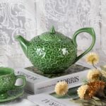 KAMMAK Teapot with Handle, Vintage Porcelain Tea Pot with Gold Trim, Blooming & Loose Leaf Teapot, Festive Holiday Serveware, Gifts for Women, Green - 28 oz