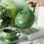 KAMMAK Teapot with Handle, Vintage Porcelain Tea Pot with Gold Trim, Blooming & Loose Leaf Teapot, Festive Holiday Serveware, Gifts for Women, Green - 28 oz
