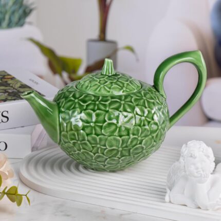 KAMMAK Teapot with Handle, Vintage Porcelain Tea Pot with Gold Trim, Blooming & Loose Leaf Teapot, Festive Holiday Serveware, Gifts for Women, Green - 28 oz