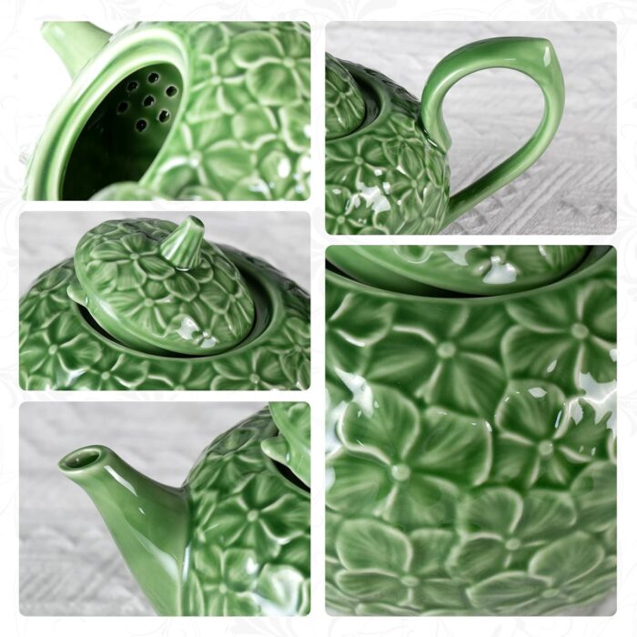 KAMMAK Teapot with Handle, Vintage Porcelain Tea Pot with Gold Trim, Blooming & Loose Leaf Teapot, Festive Holiday Serveware, Gifts for Women, Green - 28 oz