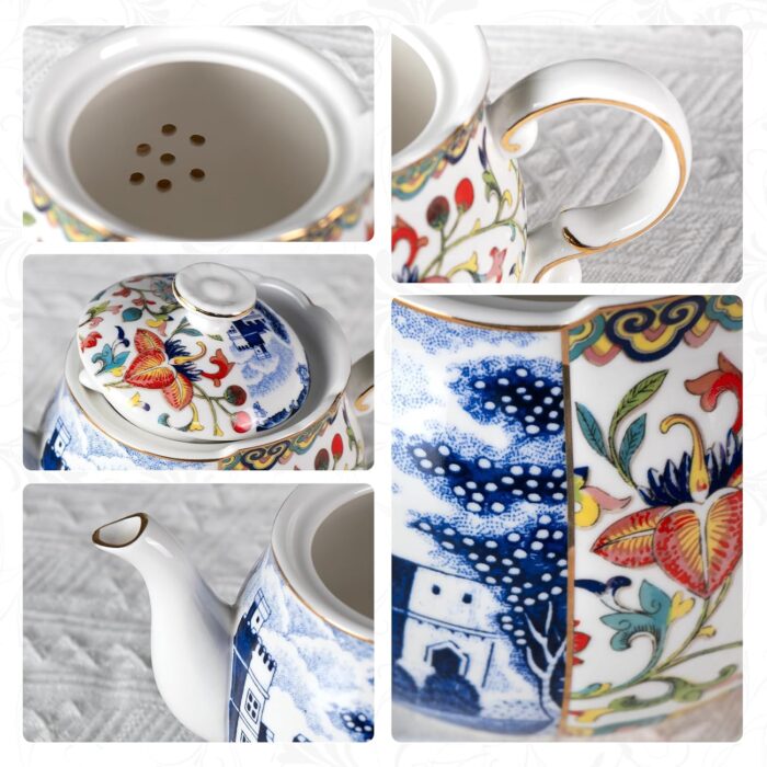 KAMMAK Teapot with Handle, Vintage Porcelain Tea Pot with Gold Trim, Blooming & Loose Leaf Teapot, Festive Holiday Serveware, Gifts for Women, Doucai - 32 oz