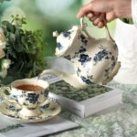 KAMMAK Teapot with Handle, Vintage Porcelain Tea Pot with Gold Trim, Blooming & Loose Leaf Teapot, Festive Holiday Serveware, Gifts for Women, Blue Flowers - 30 oz