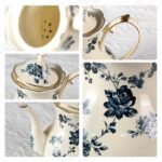 KAMMAK Teapot with Handle, Vintage Porcelain Tea Pot with Gold Trim, Blooming & Loose Leaf Teapot, Festive Holiday Serveware, Gifts for Women, Blue Flowers - 30 oz