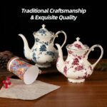 KAMMAK Teapot with Handle, Vintage Porcelain Tea Pot with Gold Trim, Blooming & Loose Leaf Teapot, Festive Holiday Serveware, Gifts for Women, Blue Flowers - 30 oz