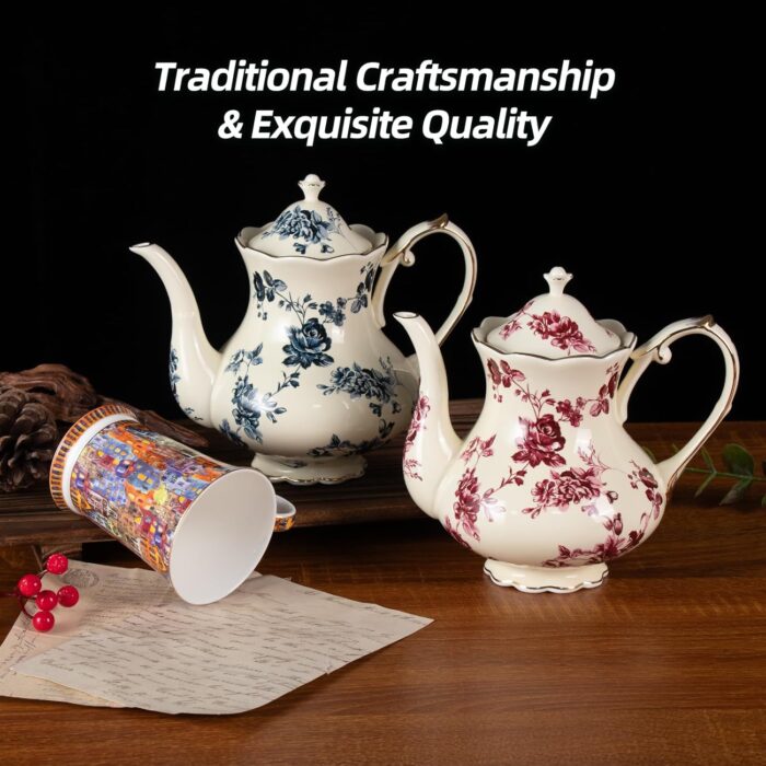 KAMMAK Teapot with Handle, Vintage Porcelain Tea Pot with Gold Trim, Blooming & Loose Leaf Teapot, Festive Holiday Serveware, Gifts for Women, Blue Flowers - 30 oz