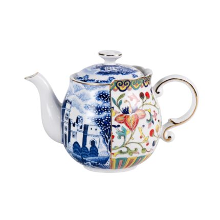 KAMMAK Teapot with Handle, Vintage Porcelain Tea Pot with Gold Trim, Blooming & Loose Leaf Teapot, Festive Holiday Serveware, Gifts for Women, Blue Flowers - 30 oz