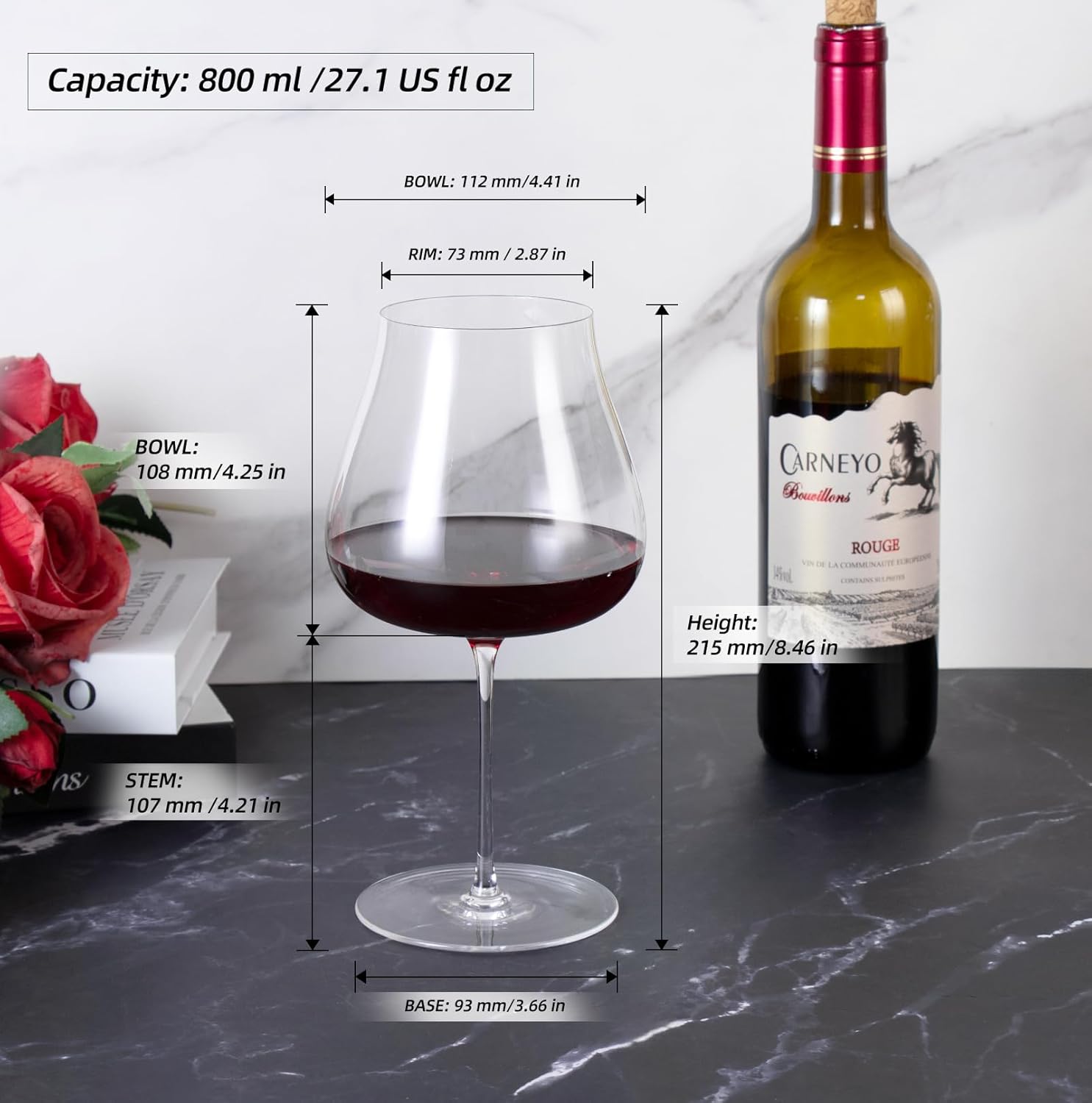 KAMMAK wine glasses set of 2 - 15 oz Bordeaux red wine glasses, clear elegant stemware