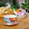 Tea for One, Porcelain Teapot and Cup Set, Tea Pot and Saucers Set, Ceramic Tea Set for Tea Party, Office and Home, Colorful Tea Cups and Saucer Set for Coffee, Cappuccino, Tea KAMMAK 8CZYX002 ceramic teapot side angle view showing silhouette