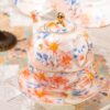 Tea for One, Porcelain Teapot and Cup Set, Tea Pot and Saucers Set, Ceramic Tea Set for Tea Party, Office and Home, Pink Flower Tea Cups and Saucer Set for Coffee, Cappuccino, Tea KAMMAK 8CZYX001 ceramic teapot side angle view showing silhouette
