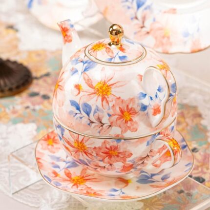 Tea for One, Porcelain Teapot and Cup Set, Tea Pot and Saucers Set, Ceramic Tea Set for Tea Party, Office and Home, Pink Flower Tea Cups and Saucer Set for Coffee, Cappuccino, Tea