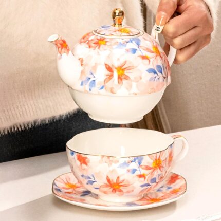 Tea for One, Porcelain Teapot and Cup Set, Tea Pot and Saucers Set, Ceramic Tea Set for Tea Party, Office and Home, Pink Flower Tea Cups and Saucer Set for Coffee, Cappuccino, Tea