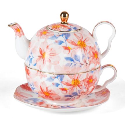 Tea for One, Porcelain Teapot and Cup Set, Tea Pot and Saucers Set, Ceramic Tea Set for Tea Party, Office and Home, Pink Flower Tea Cups and Saucer Set for Coffee, Cappuccino, Tea