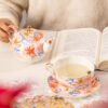Tea for One, Porcelain Teapot and Cup Set, Tea Pot and Saucers Set, Ceramic Tea Set for Tea Party, Office and Home, Pink Flower Tea Cups and Saucer Set for Coffee, Cappuccino, Tea KAMMAK 8CZYX001 ceramic teapot close-up material texture detail image 4