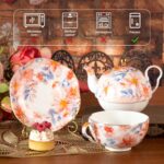 Tea for One, Porcelain Teapot and Cup Set, Tea Pot and Saucers Set, Ceramic Tea Set for Tea Party, Office and Home, Pink Flower Tea Cups and Saucer Set for Coffee, Cappuccino, Tea