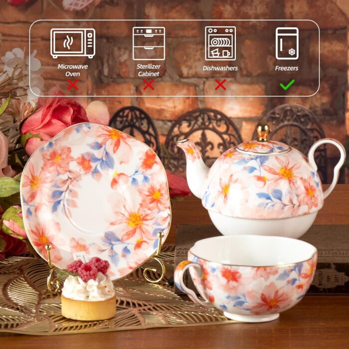Tea for One, Porcelain Teapot and Cup Set, Tea Pot and Saucers Set, Ceramic Tea Set for Tea Party, Office and Home, Pink Flower Tea Cups and Saucer Set for Coffee, Cappuccino, Tea