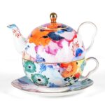 Tea for One, Porcelain Teapot and Cup Set, Tea Pot and Saucers Set, Ceramic Tea Set for Tea Party, Office and Home, Colorful Tea Cups and Saucer Set for Coffee, Cappuccino, Tea