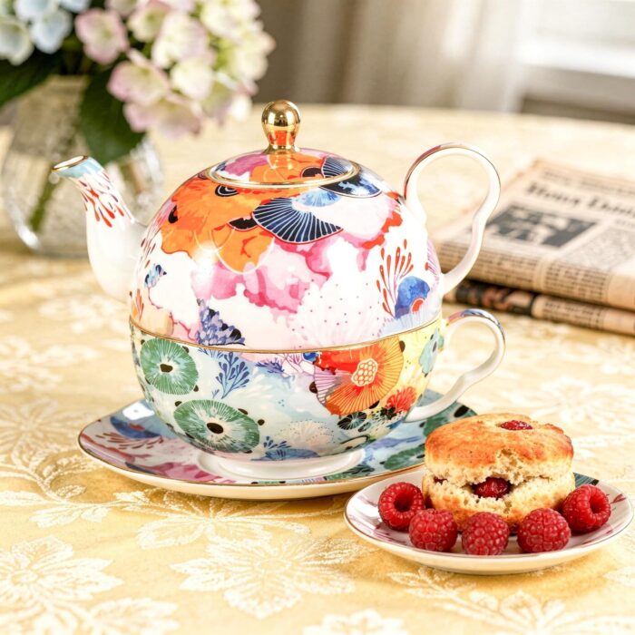 Tea for One, Porcelain Teapot and Cup Set, Tea Pot and Saucers Set, Ceramic Tea Set for Tea Party, Office and Home, Colorful Tea Cups and Saucer Set for Coffee, Cappuccino, Tea