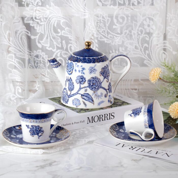 Tea Set for Adults Ceramic Tea Pots and Tea Cup Set, Royal Blue Tea Cups and Saucers Set for Afternoon Tea, Party, Home, Office, Porcelain Chinese Gong Fu Tea Set with Gold Rim...