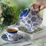 Tea Set for Adults Ceramic Tea Pots and Tea Cup Set, Royal Blue Tea Cups and Saucers Set for Afternoon Tea, Party, Home, Office, Porcelain Chinese Gong Fu Tea Set with Gold Rim...