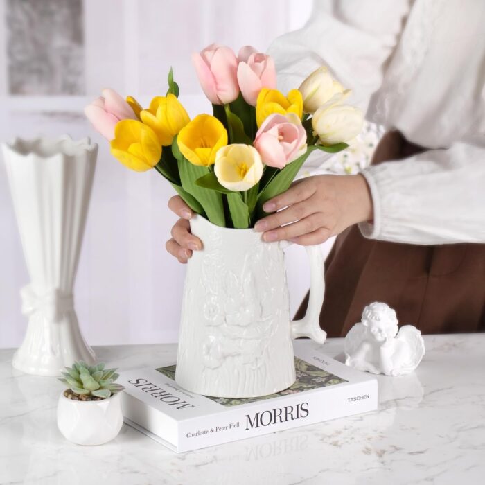 White Ceramic Vase Decorative Vase with Handle, Mordern Flower Vases for Home, Office, Centerpieces, Kitchen, Living Room, Bedroom, Unique Pottery Decor