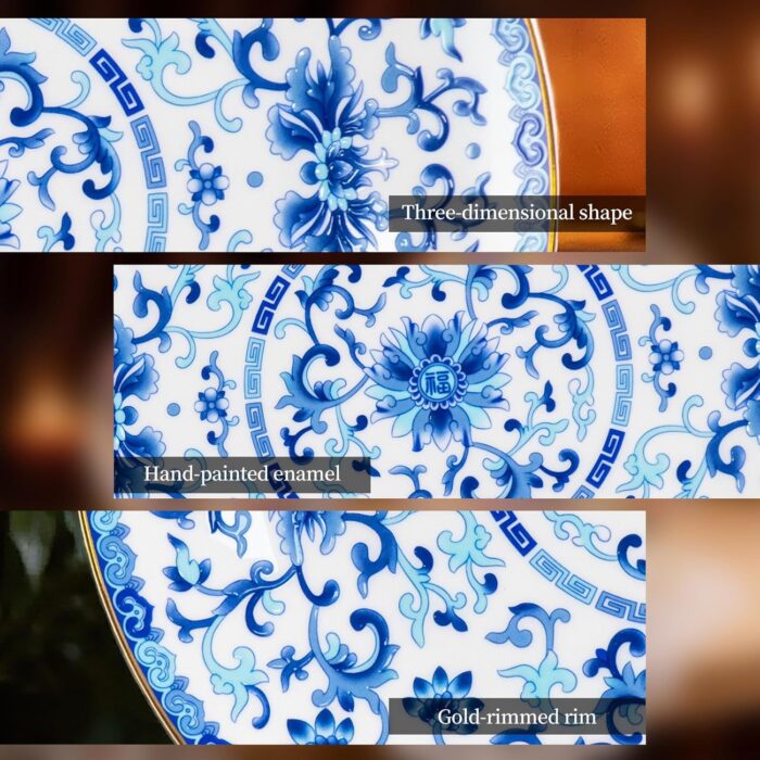 Decorative Plates Set for Display, Blue and White Ceramic Plate Decor with Stand, Handmade Vintage Porcelain Ornament for Table, Living Room, Kitchen, Perfect Chinese Style Dish...