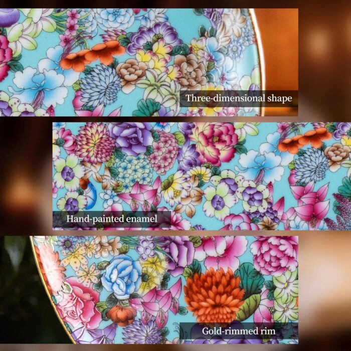 Decorative Plates Set for Display, Lake Blue Ceramic Plate Decor with Stand，Handmade Vintage Flower Porcelain Ornament for Living Room, Kitchen, Office, Perfect Chinese Style...