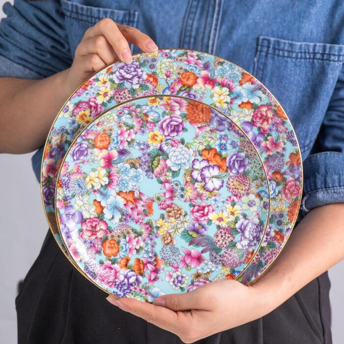 Decorative Plates Set for Display, Lake Blue Ceramic Plate Decor with Stand，Handmade Vintage Flower Porcelain Ornament for Living Room, Kitchen, Office, Perfect Chinese Style...