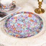 Decorative Plates Set for Display, Lake Blue Ceramic Plate Decor with Stand，Handmade Vintage Flower Porcelain Ornament for Living Room, Kitchen, Office, Perfect Chinese Style...