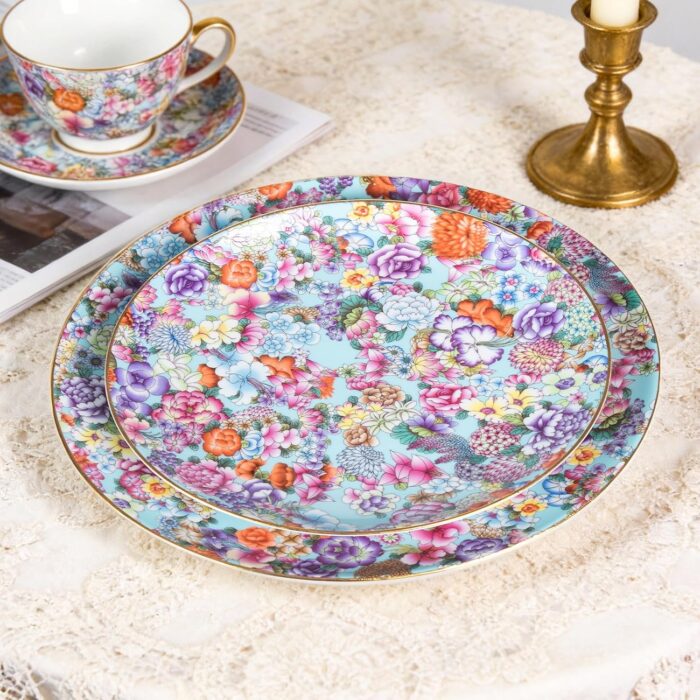 Decorative Plates Set for Display, Lake Blue Ceramic Plate Decor with Stand，Handmade Vintage Flower Porcelain Ornament for Living Room, Kitchen, Office, Perfect Chinese Style...