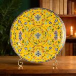 Decorative Plates Set for Display, Yellow Ceramic Plate Decor with Stand, Handmade Vintage Porcelain Ornament for Table, Living Room, Kitchen, Office, Perfect Chinese Style Dish...