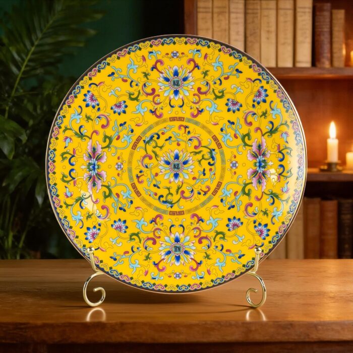 Decorative Plates Set for Display, Yellow Ceramic Plate Decor with Stand, Handmade Vintage Porcelain Ornament for Table, Living Room, Kitchen, Office, Perfect Chinese Style Dish...