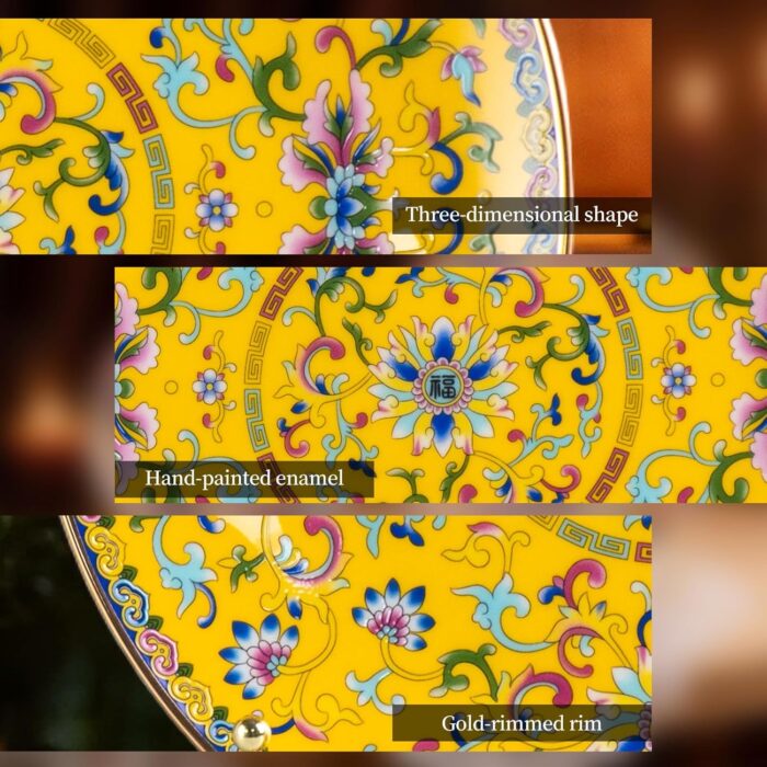 Decorative Plates Set for Display, Yellow Ceramic Plate Decor with Stand, Handmade Vintage Porcelain Ornament for Table, Living Room, Kitchen, Office, Perfect Chinese Style Dish...