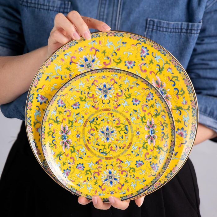 Decorative Plates Set for Display, Yellow Ceramic Plate Decor with Stand, Handmade Vintage Porcelain Ornament for Table, Living Room, Kitchen, Office, Perfect Chinese Style Dish...