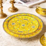 Decorative Plates Set for Display, Yellow Ceramic Plate Decor with Stand, Handmade Vintage Porcelain Ornament for Table, Living Room, Kitchen, Office, Perfect Chinese Style Dish...