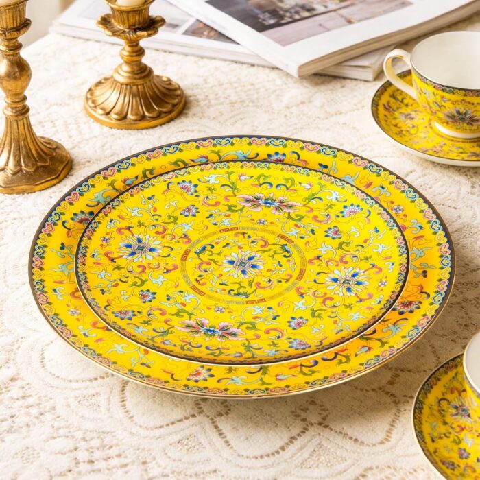 Decorative Plates Set for Display, Yellow Ceramic Plate Decor with Stand, Handmade Vintage Porcelain Ornament for Table, Living Room, Kitchen, Office, Perfect Chinese Style Dish...