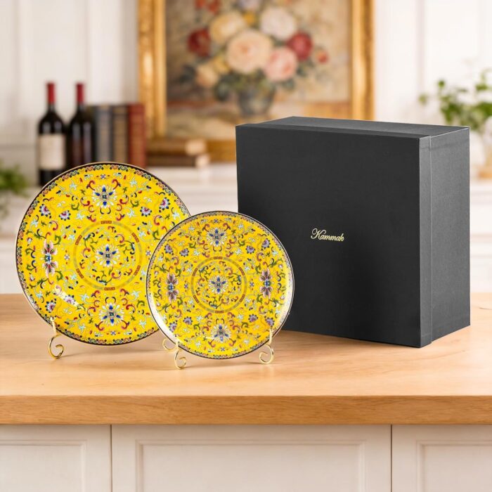 Decorative Plates Set for Display, Yellow Ceramic Plate Decor with Stand, Handmade Vintage Porcelain Ornament for Table, Living Room, Kitchen, Office, Perfect Chinese Style Dish...