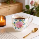 KAMMAK Bone China Mugs Set of 2 Fine Ceramic Coffee Mug, 10oz Porcelain Novelty Coffee Mugs for Cappuccino, Latte, Coco, Americano, Floral Tea Cups