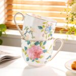 KAMMAK Bone China Mugs Set of 2 Fine Ceramic Coffee Mug, 10oz Porcelain Novelty Coffee Mugs for Cappuccino, Latte, Coco, Americano, Floral Tea Cups