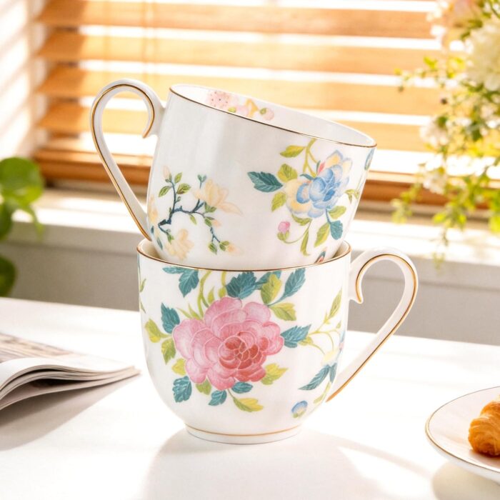 KAMMAK Bone China Mugs Set of 2 Fine Ceramic Coffee Mug, 10oz Porcelain Novelty Coffee Mugs for Cappuccino, Latte, Coco, Americano, Floral Tea Cups
