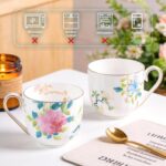 KAMMAK Bone China Mugs Set of 2 Fine Ceramic Coffee Mug, 10oz Porcelain Novelty Coffee Mugs for Cappuccino, Latte, Coco, Americano, Floral Tea Cups