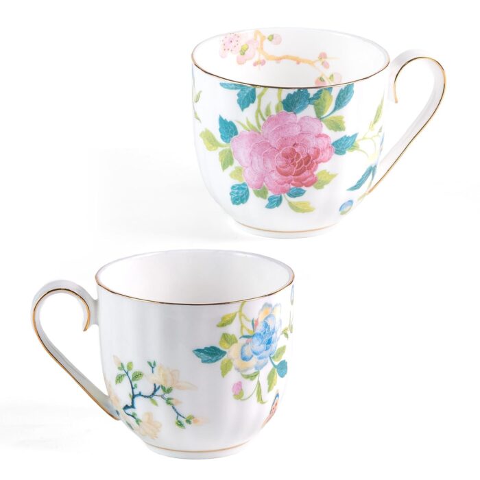 KAMMAK Bone China Mugs Set of 2 Fine Ceramic Coffee Mug, 10oz Porcelain Novelty Coffee Mugs for Cappuccino, Latte, Coco, Americano, Floral Tea Cups